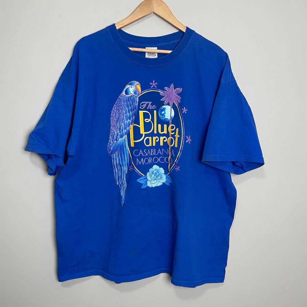 Gildan Casablanca Blue Parrot Morocco Short Sleeve Crew Neck Graphic Tee XXL - Picture 1 of 7